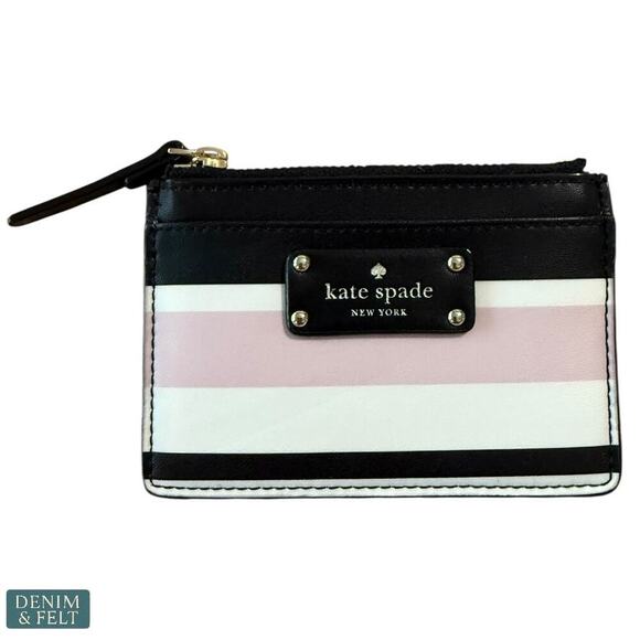 Kate Spade Handbags - Kate Spade Striped Zip Cardholder Wallet Black White Pink Gold Hardware‎